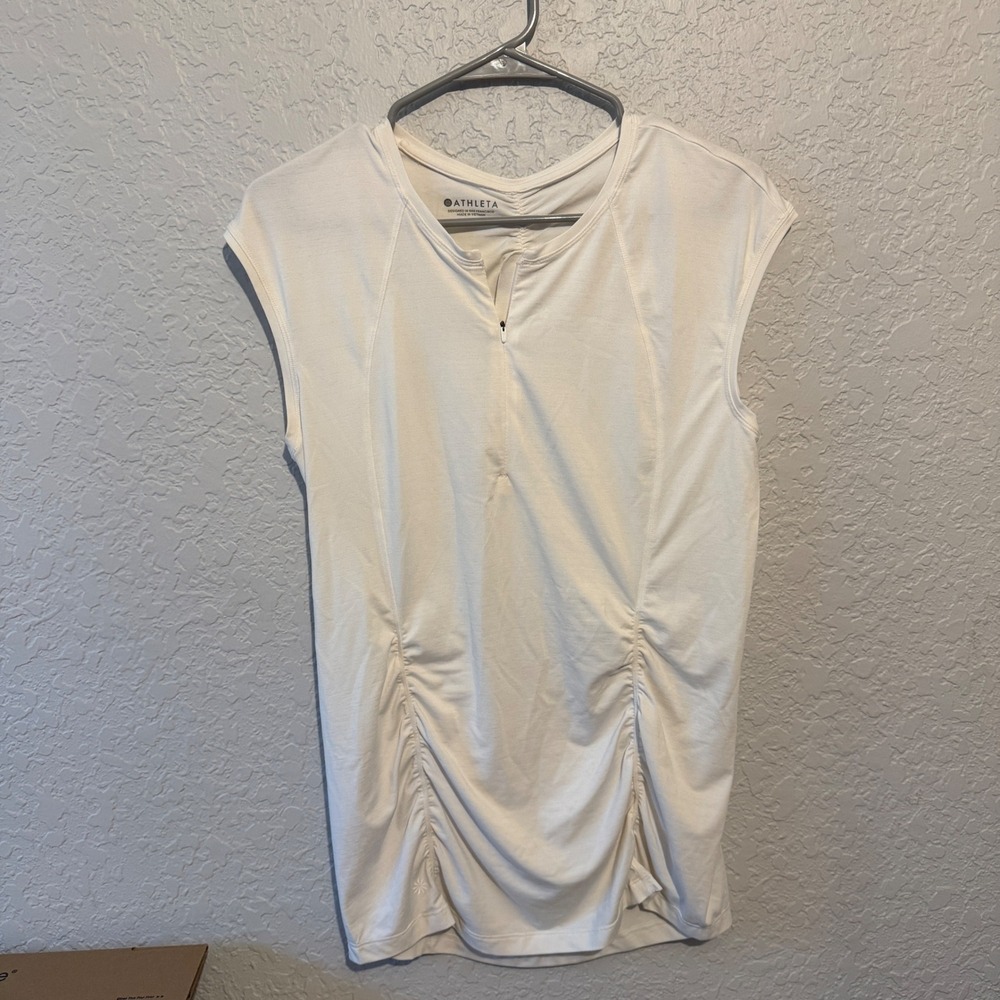 Athleta Ruched Quarter Zip Short Sleeve Top Size M White Athletic Minimalist‎